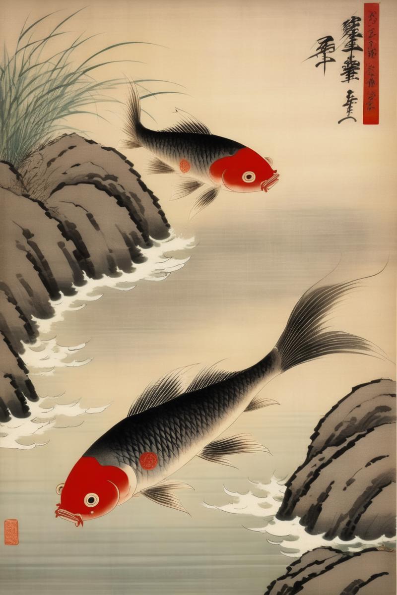 00171-552066449-_lora_Ohara Koson Style_1_Ohara Koson Style - Fish burrowed into the bottom of the water. Ancient China. ohara koson style.png